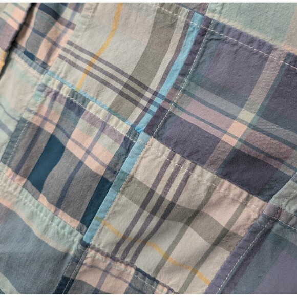 LL Bean Size L Patchwork Madras Plaid Button Down Blouse Cotton Boho Preppy - Picture 4 of 14